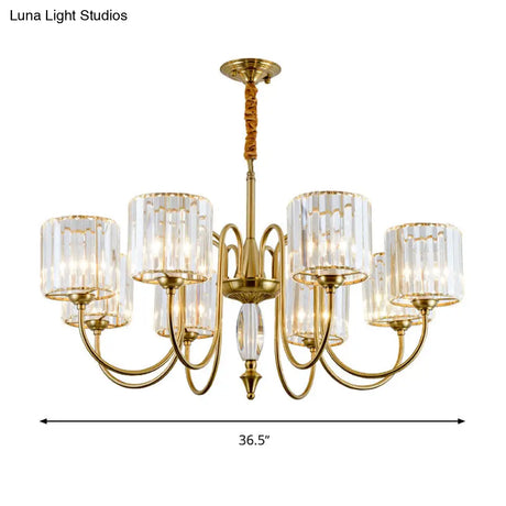Contemporary Brass Cylinder Ceiling Chandelier With Crystal Facets - 3/5/6 Head Pendant Light