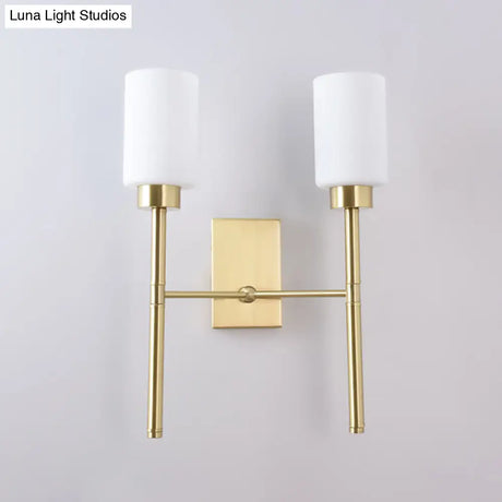 Contemporary Brass Sconce With White Glass Shade - Mounted Dual Bulb Wall Light