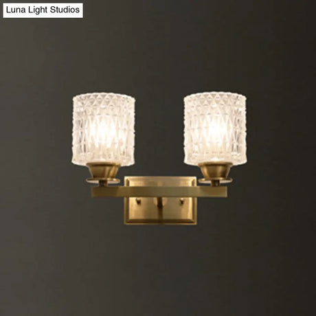 Contemporary Brass Wall Light Fixture With Lattice Glass For Corridor - Cylinder Shape