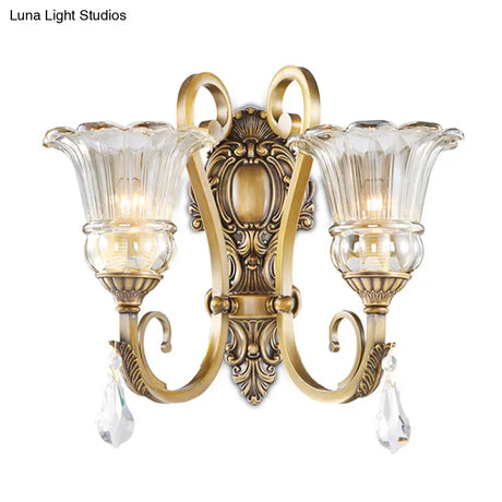 Contemporary Brass Wall Mount Light With Crystal Drop - Flower Bedroom Sconce