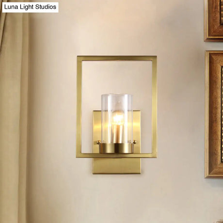 Contemporary Brass Wall Sconce With Clear Glass Shade - Cylindrical Bedroom Light Fixture