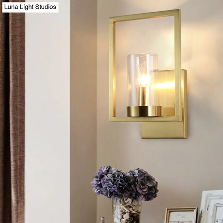 Contemporary Brass Wall Sconce With Clear Glass Shade - Cylindrical Bedroom Light Fixture