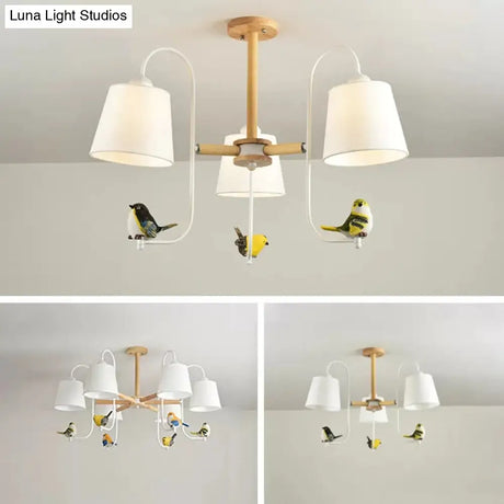Contemporary Chandelier Light With Tapered Shade - Fabric & Wood Ideal For Child Bedroom