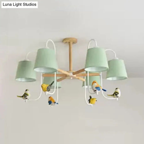 Contemporary Chandelier Light With Tapered Shade - Fabric & Wood Ideal For Child Bedroom