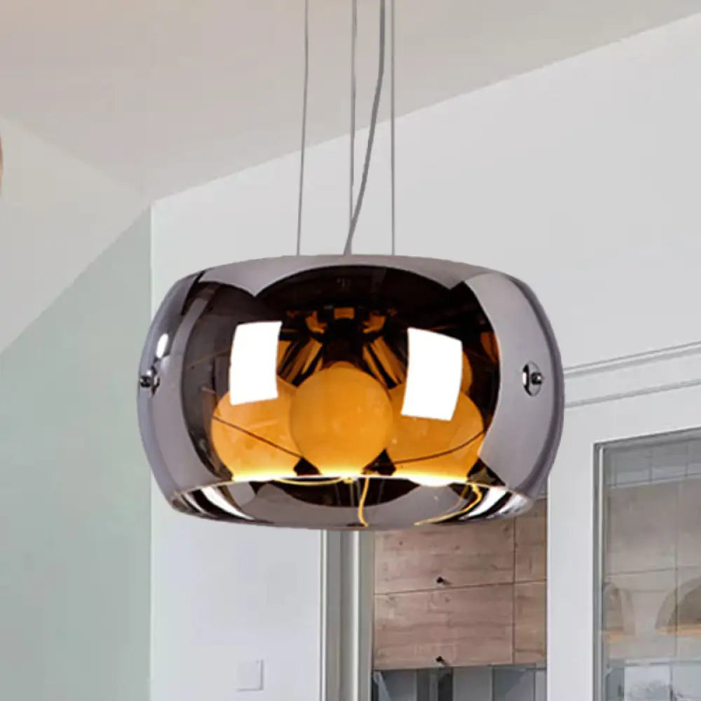 Contemporary Chrome Dining Room Chandelier with Drum Mirrored Glass Shade - 3 Bulb Hanging Light Chrome