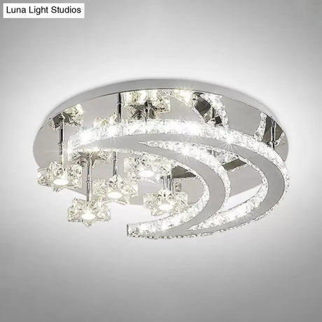 Contemporary Chrome Flush Light With Clear Crystal Moon And Star Design - Led Close To Ceiling Lamp
