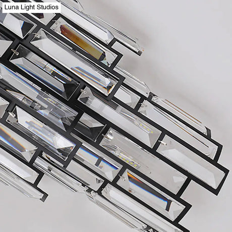 Contemporary Clear Crystal Block Led Wall Lamp In Sleek Black Finish - Ideal For Corridor Lighting