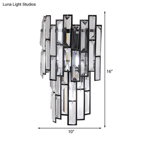 Contemporary Clear Crystal Block Led Wall Lamp In Sleek Black Finish - Ideal For Corridor Lighting