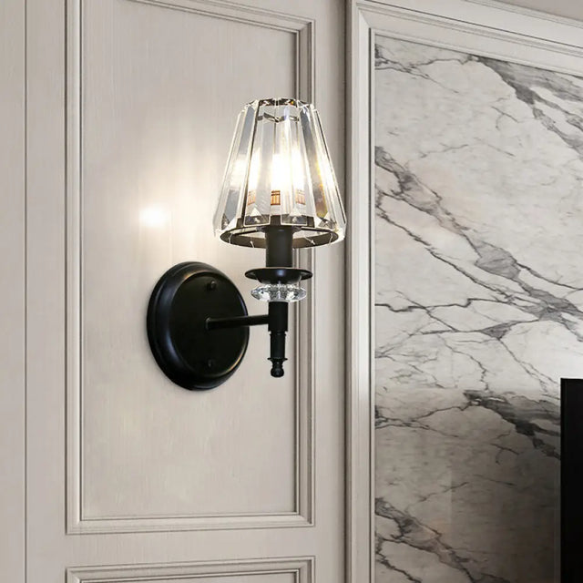 Contemporary Clear Crystal Cone Wall Mount Light - 1-Bulb Black Finish Lamp For Bedroom / A