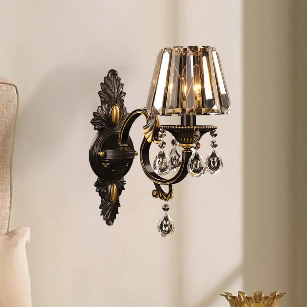 Contemporary Clear Crystal Conic Wall Sconce: 1-Bulb Black/Brass Finish Lighting For Corridor Black