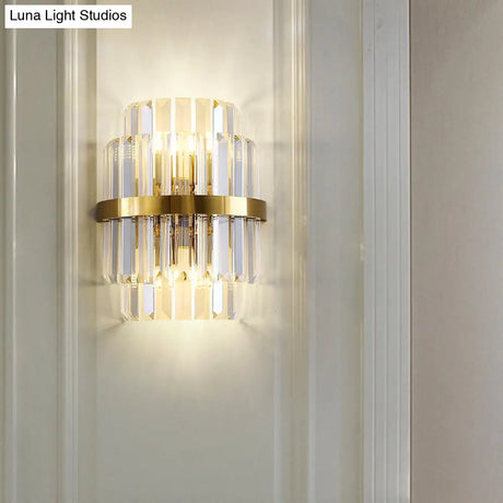 Contemporary Clear Crystal Cylinder Wall Lamp With 2 Brass Bulbs For Bedroom Lighting