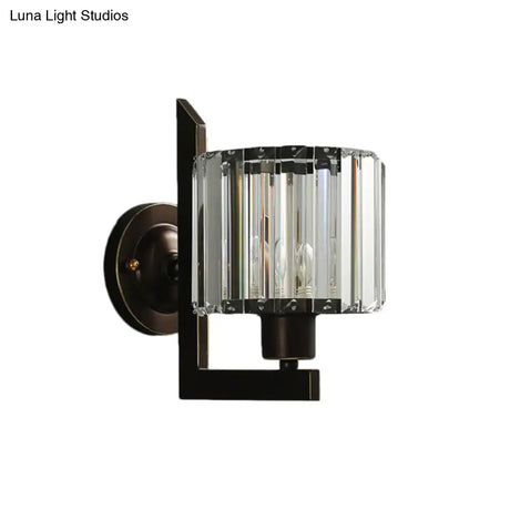 Contemporary Clear Crystal Drum Wall Sconce Lighting - Black/Gold 1 Light Lamp For Bedroom