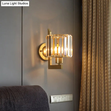 Contemporary Clear Crystal Drum Wall Sconce Lighting - Black/Gold 1 Light Lamp For Bedroom