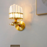 Contemporary Clear Crystal Prism Wall Lamp With Brass Backplate - 1 Light Fixture