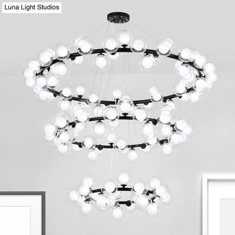 Contemporary Clear Glass Bubble Chandelier Light - Black Finish 2/3 Tiers Metal Ring Hanging Lamp