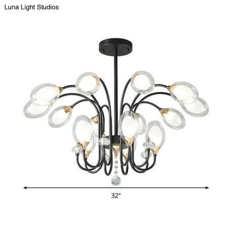 Contemporary Clear Glass Hanging Chandelier - Oval Shape 9/15 Bulbs Black Pendant Light