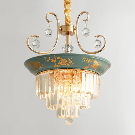 Contemporary Cone Crystal Rod Ceiling Light 3/5 Heads With Green/Dark Green Chandelier Illumination