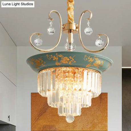 Contemporary Cone Crystal Rod Ceiling Light 3/5 Heads With Green/Dark Green Chandelier Illumination