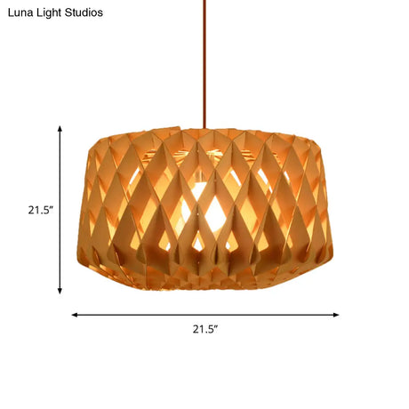 Contemporary Cross-Weave Wood Drum Pendant - 1 Head Beige Suspended Lamp Fixture