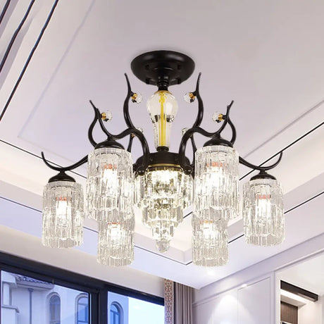 Contemporary Crystal Black Flush Chandelier -Cylindrical Bedroom Semi Ceiling Mount Lamp (3/6
