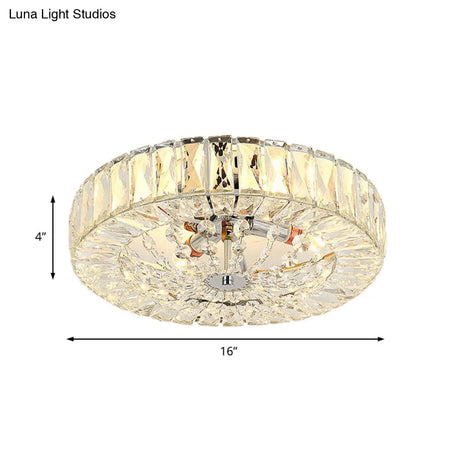 Contemporary Crystal Block Led Chrome Ceiling Fixture - Drum Flush Mount Light 16’/23.5’ Wide