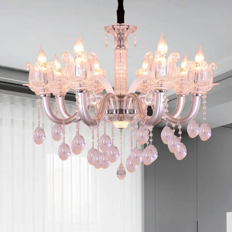 Contemporary Crystal Drop Candelabra Hanging Lamp - 6/8 Heads 23.5’/31.5’ Wide Silver Pendant
