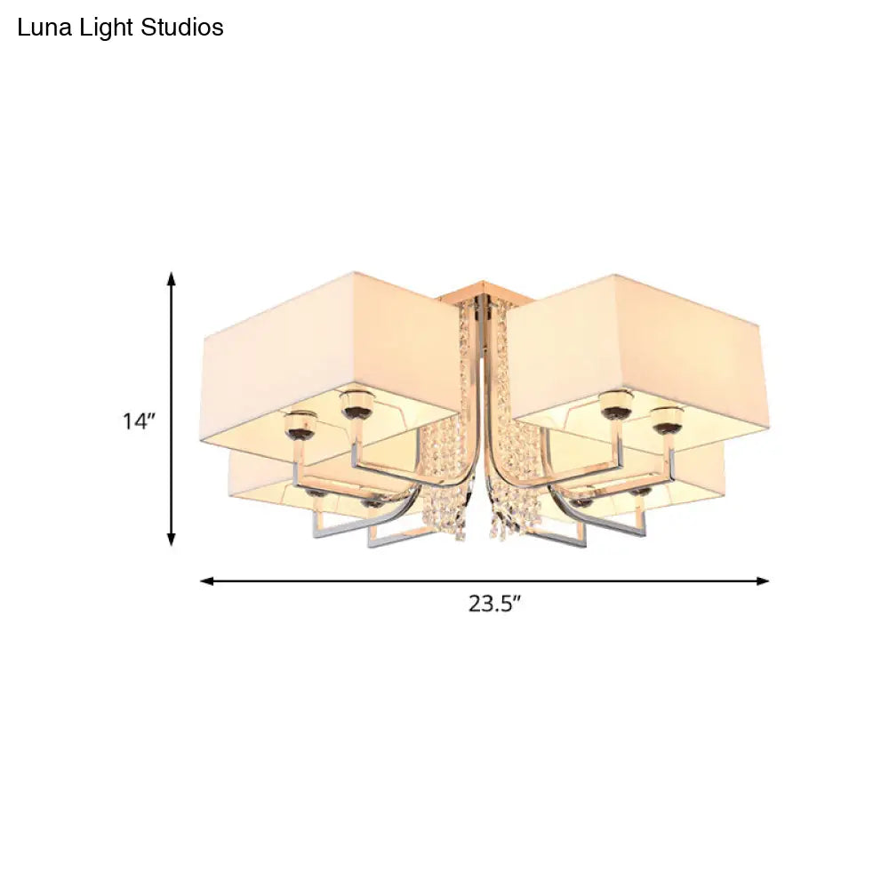 Contemporary Crystal Drop Ceiling Light Fixture With White Cubic Fabric Shade 23.5’/31.5’ Wide