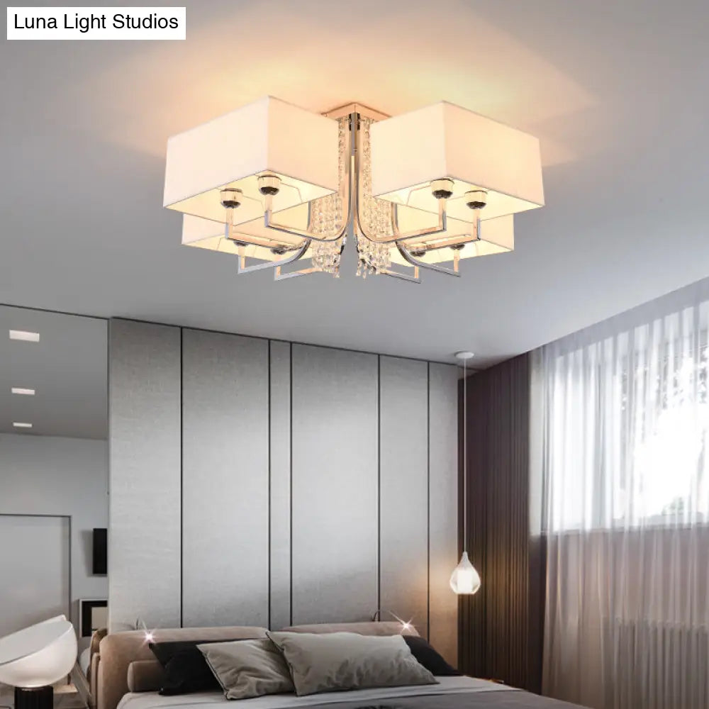 Contemporary Crystal Drop Ceiling Light Fixture With White Cubic Fabric Shade 23.5’/31.5’ Wide
