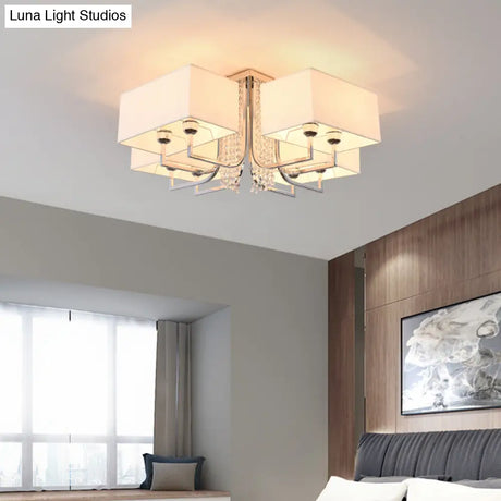Contemporary Crystal Drop Ceiling Light Fixture With White Cubic Fabric Shade 23.5’/31.5’ Wide