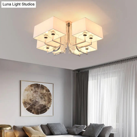 Contemporary Crystal Drop Ceiling Light Fixture With White Cubic Fabric Shade 23.5’/31.5’ Wide