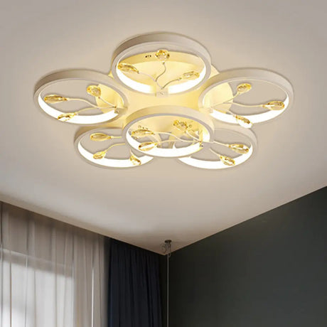 Contemporary Crystal Raindrops Semi Flush Light With Led Flower Design - Black/White Ceiling