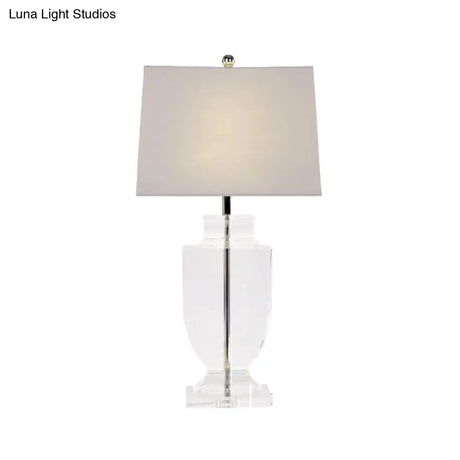 Contemporary Crystal Reading Light: Hand-Cut Urn Shape 1-Bulb Fabric Lamp For Nightstands In White