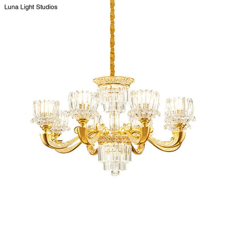 Contemporary Crystal Rectangle Chandelier - Gold Lotus Suspension Light With 6/8 Bulbs For Living