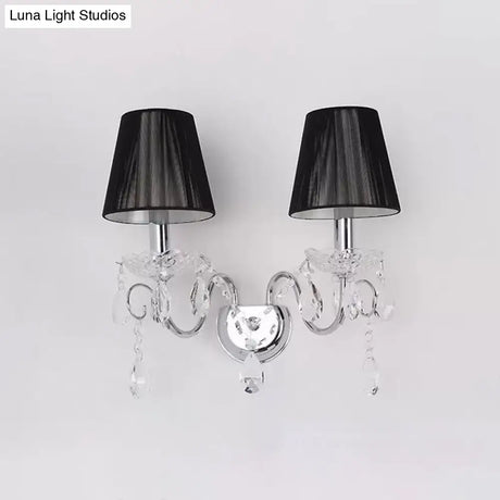 Contemporary Crystal Wall Sconce With Gathered Fabric Shade - 2 Bulb Light Fixture For Living Room