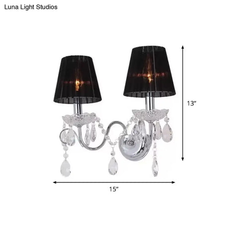 Contemporary Crystal Wall Sconce With Gathered Fabric Shade - 2 Bulb Light Fixture For Living Room