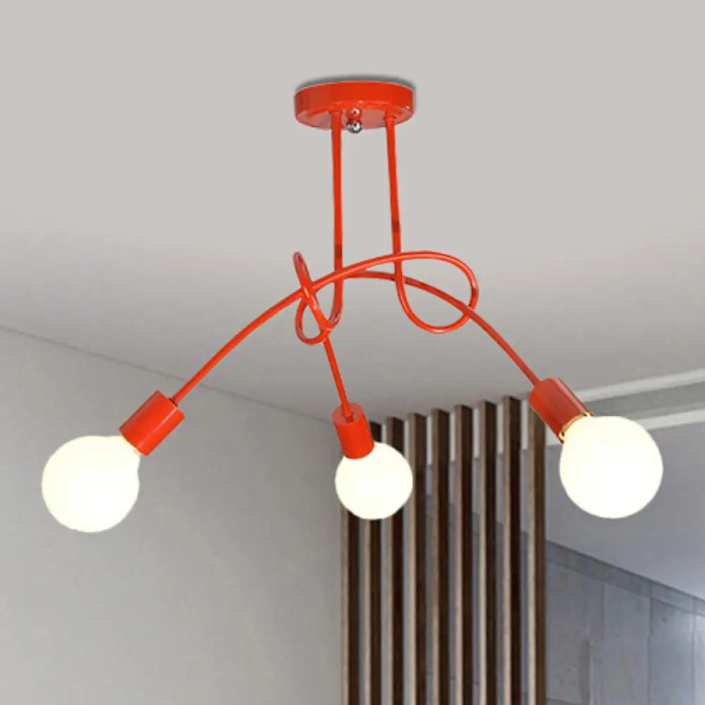 Contemporary Curved Arm Metal Semi Flush Ceiling Lamp - Blue/Red (3/5 Lights) 3 / Red