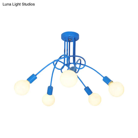 Contemporary Curved Arm Metal Semi Flush Ceiling Lamp - Blue/Red (3/5 Lights)