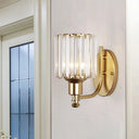 Contemporary Cylinder Crystal Wall Light With 1 Head Mounted On Bedroom - Black/Gold Curved Arm Gold