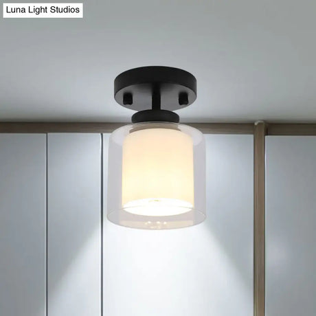 Contemporary Cylinder Semi Flush Ceiling Light With Glass Shade - Black/Silver/Gold Finish 1 Bulb