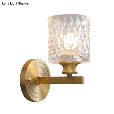 Contemporary Cylindrical Wall Light: Stylish Clear Dimpled Glass Design Golden Sconce For Bedroom