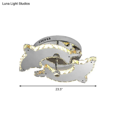 Contemporary Dolphin Semi Flush Mount Ceiling Light With Crystal And Metal Accents - 2/3 Heads In