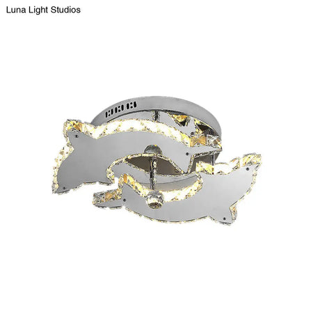 Contemporary Dolphin Semi Flush Mount Ceiling Light With Crystal And Metal Accents - 2/3 Heads In