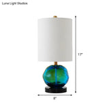 Contemporary Fabric Cylinder Table Light With Green Glaze Deco - White Night Lamp