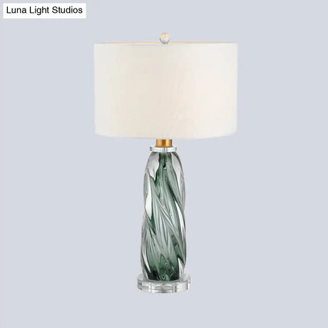 Contemporary Fabric Cylindrical Task Light - White Nightstand Lamp With Pewter Glazed Crystal Base