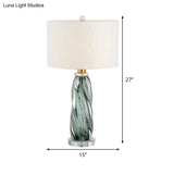 Contemporary Fabric Cylindrical Task Light - White Nightstand Lamp With Pewter Glazed Crystal Base