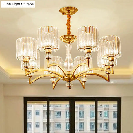 Contemporary Faceted Crystal Cylinder Chandelier - Brass Ceiling Pendant Light With 3/6/8 Bulbs
