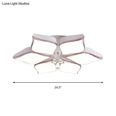 Contemporary Flower Ceiling Mounted Fixture: Acrylic Flush Light In White With Crystal Drop For