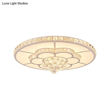 Contemporary Flower Led Ceiling Lamp With Faceted Crystal Flush Mount In White - 19.5’/23.5’ Wide