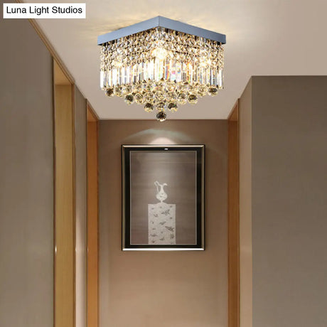 Contemporary Flush Light With Faceted Crystal And 2/4 Heads - Rectangle Corridor Ceiling Mounted In