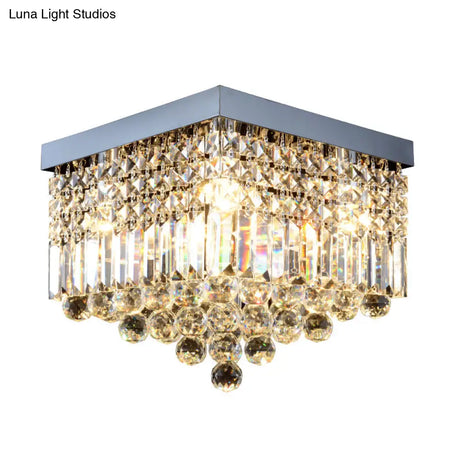 Contemporary Flush Light With Faceted Crystal And 2/4 Heads - Rectangle Corridor Ceiling Mounted In